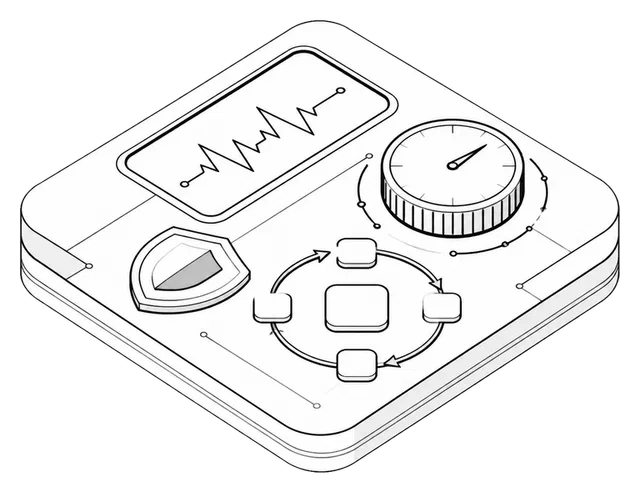 Isometric illustration of an observable system with monitoring gauges and connected nodes