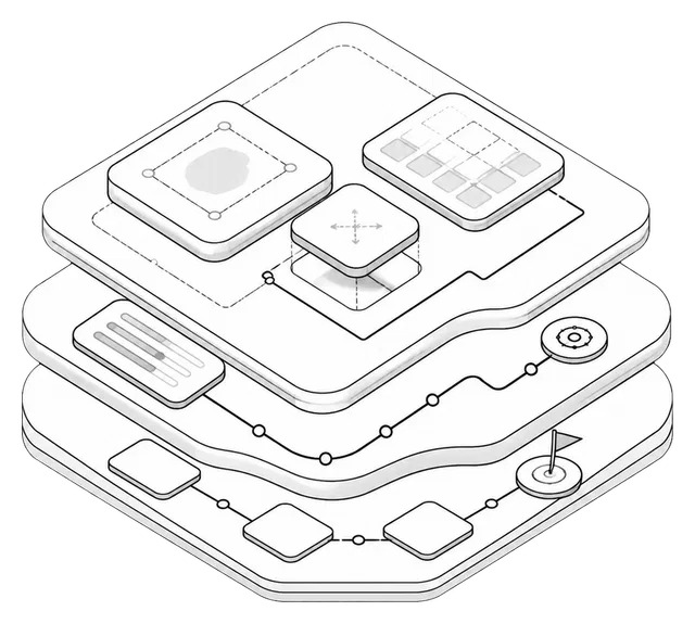 Isometric illustration of an architecture blueprint with modular system blocks