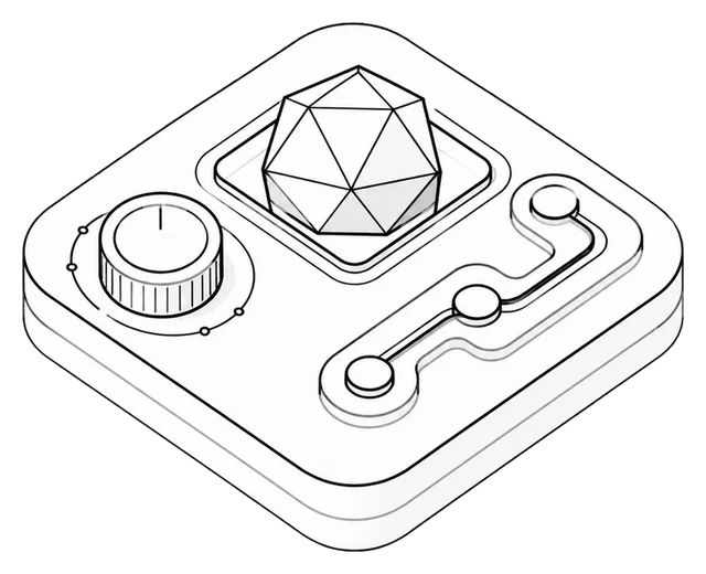 Compact isometric AI product console with a reasoning core and evaluation controls