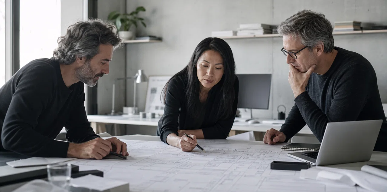 Senior engineering team collaborating around a large systems architecture plan