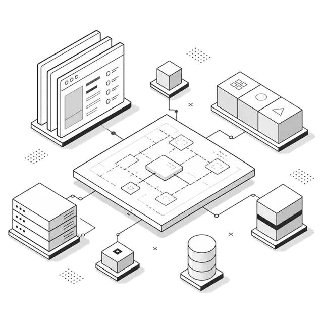 Isometric illustration of a modular software architecture system
