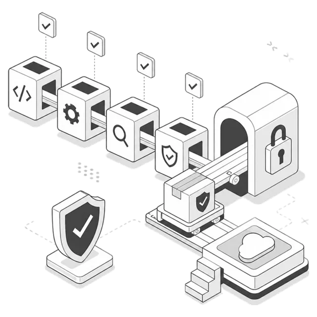 Isometric illustration of a secure software delivery pipeline