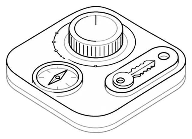 Isometric illustration of a technical control dial, compass, and ownership key